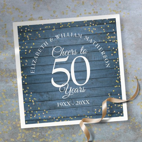 Cheers To 50 Years Wedding Anniversary Blue Rustic Napkins