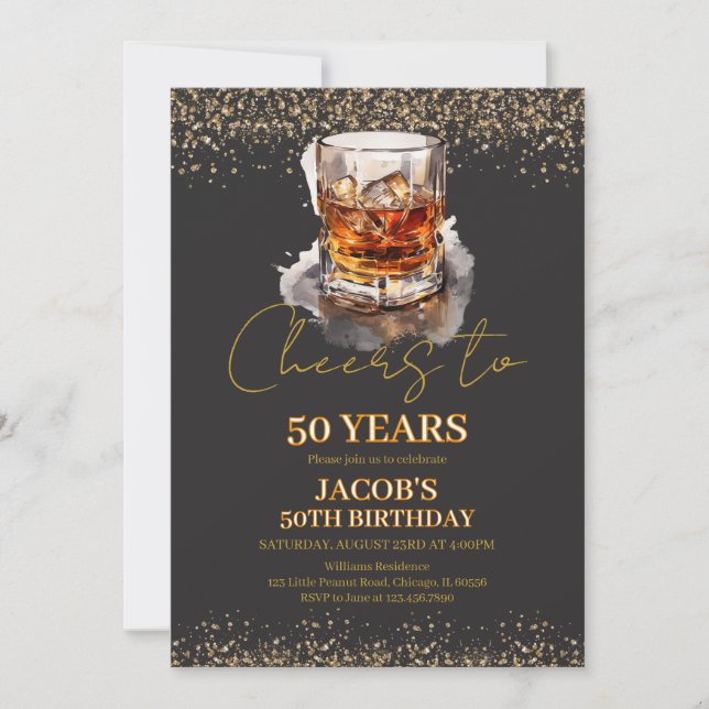 Cheers to 50 Years Whiskey Birthday Invitation (Front)