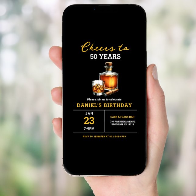 Cheers to 50 Years Whiskey Cigar Bourbon Birthday Invitation (Front Digital)