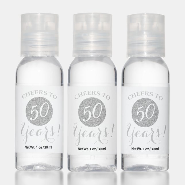 Cheers to 50 Years White and Silver Glitter Hand Sanitizer (Set)