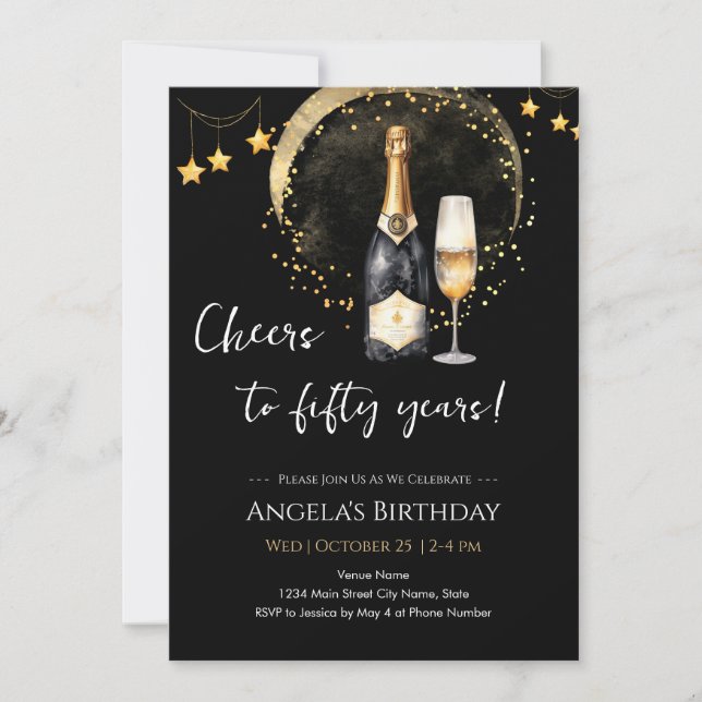 Cheers to 50th Birthday Black and Gold Invitation (Front)