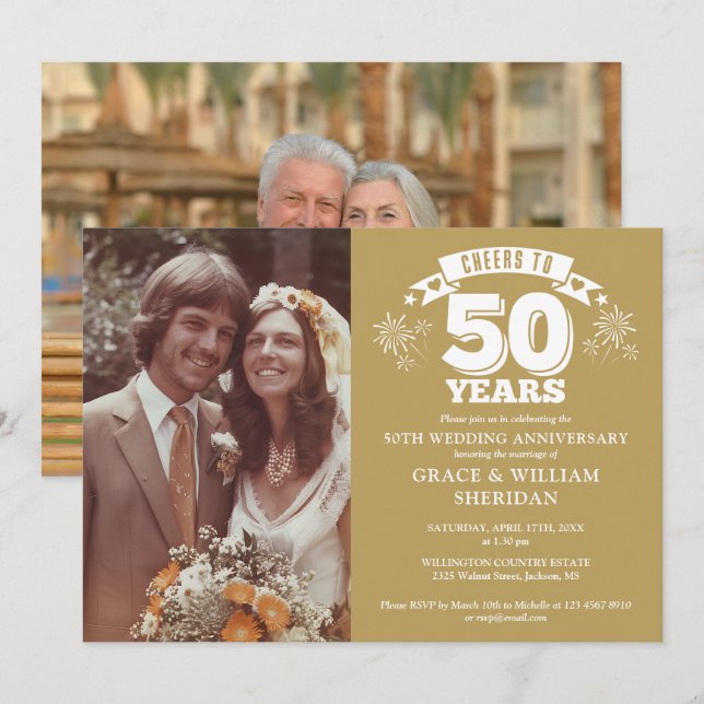 Cheers To 50th Golden Wedding Anniversary 2 Photos Invitation (Front/Back)