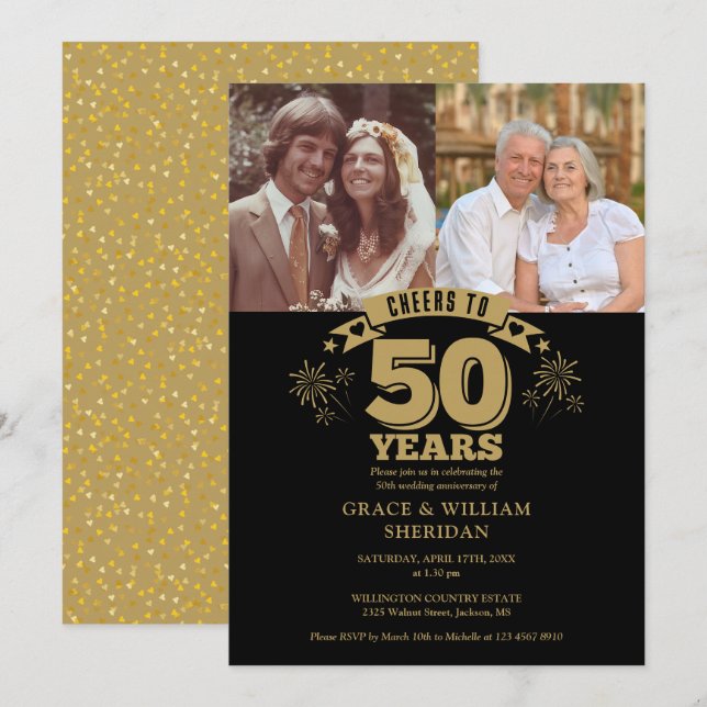 Cheers To 50th Wedding Anniversary 2 Photo Invitation (Front/Back)