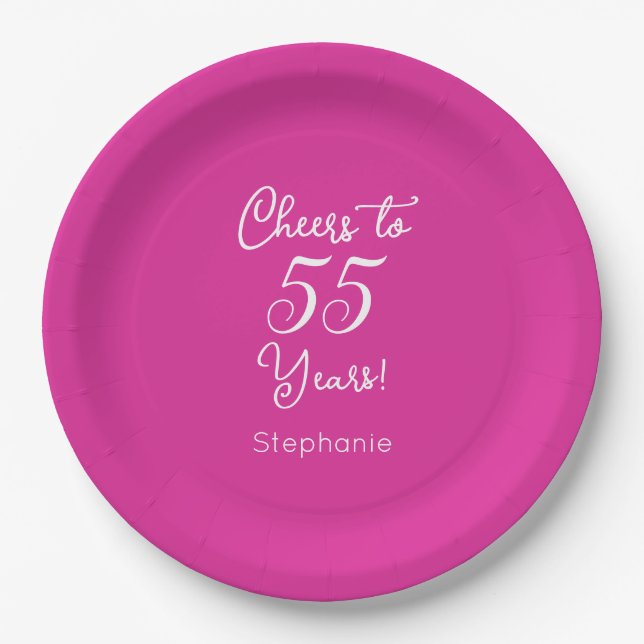 Cheers to 55 Years 55th Pink Birthday Paper Plates (Front)