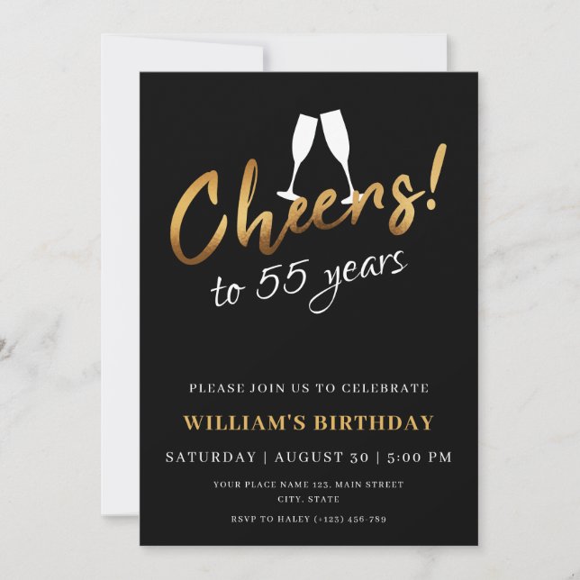 Cheers to 55 Years Gold Black Adult Birthday Photo Invitation (Front)
