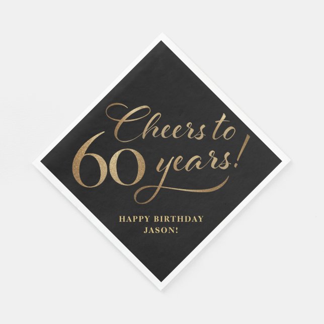 Cheers to 60 Birthday Glitter Black and Gold Napkins (Corner)