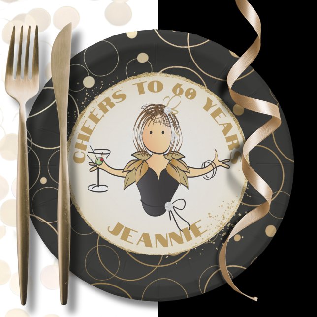 Cheers to 60 for Her Fun Gold Black 60th Birthday Paper Plates (Creator Uploaded)