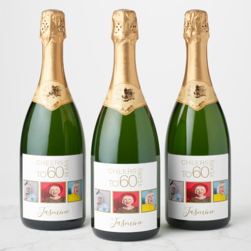 Cheers to 60 years 3 Photos Gold Elegant Frame Sparkling Wine Label