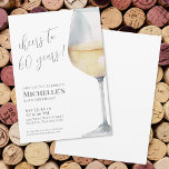 Cheers To 60 Years 60th Birthday Party Invitation<br><div class="desc">"Cheers to 60 years!" is proudly displayed at the top of this classic and elegant invitation, featuring a large watercolor white wine glass in soft golden tones on the right side, giving it a modern twist. You can customize the year to celebrate any milestone. The design uses script typography for...</div>