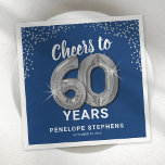 Cheers to 60 Years Adult Birthday Napkins<br><div class="desc">Elegant sixtieth birthday party napkins featuring a stylish blue background that can be changed to any color,  silver sparkly glitter,  the saying "cheers to 60 years" using sixty silver hellium balloons,  their name,  and the date of the celebration.</div>