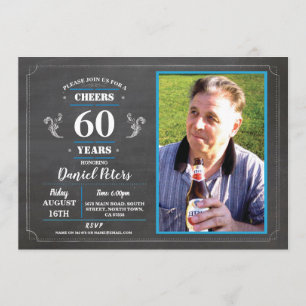 Cheers to 60 Years Birthday Chalk Rustic Photo Invitation