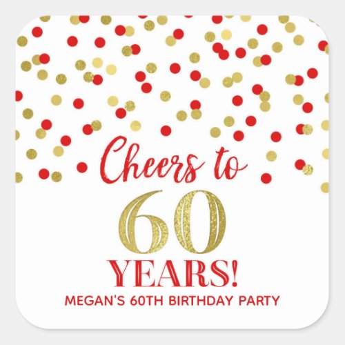 Cheers to 60 Years Birthday Gold Red Confetti Square Sticker