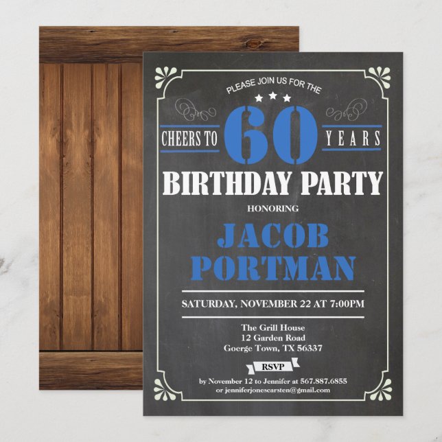Cheers to 60 years birthday invitation. Retro Invitation (Front/Back)