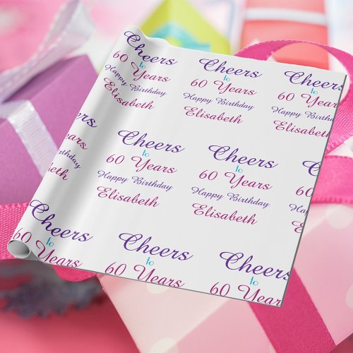 Cheers to 60 Years Birthday Personalize Purple  Wrapping Paper