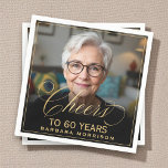 Cheers to 60 Years Birthday Photo Gold Black Napkins<br><div class="desc">Celebrate in style with these 60th birthday photo napkins, featuring an elegant gold script “Cheers to 60 Years” design. Personalized with your photo and name, these napkins are the perfect addition to a milestone birthday party. The black-and-gold theme creates a chic, timeless look that coordinates beautifully with invitations, signage, and...</div>