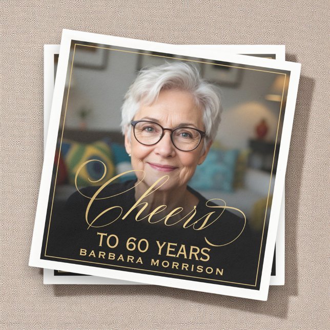 Cheers to 60 Years Birthday Photo Gold Black Napkins (Creator Uploaded)