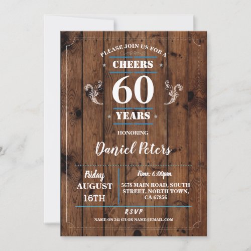 Cheers to 60 Years Birthday Wood Rustic 40th 50th Invitation