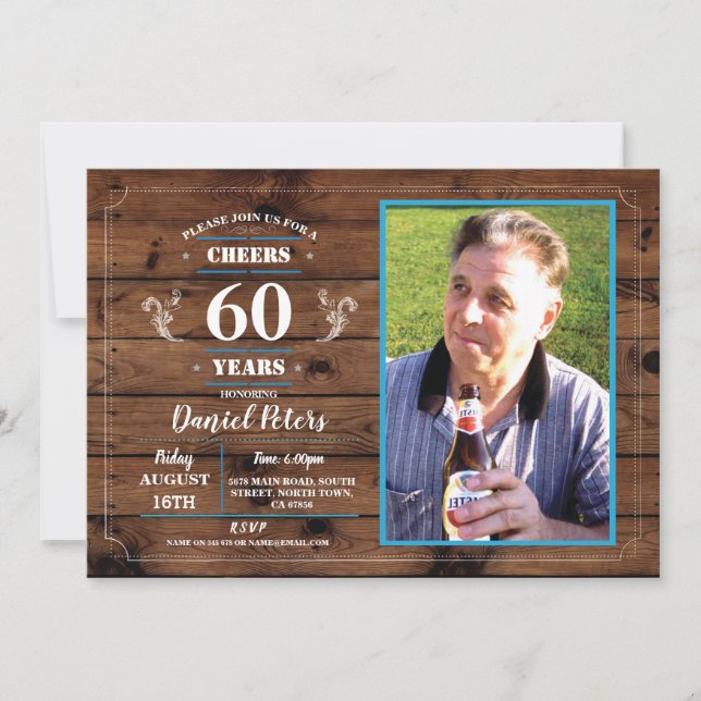 Cheers to 60 Years Birthday Wood Rustic Photo Invitation (Front)
