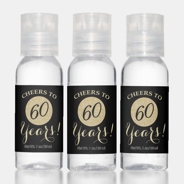 Cheers to 60 Years Black and Gold Glitter Hand Sanitizer (Set)