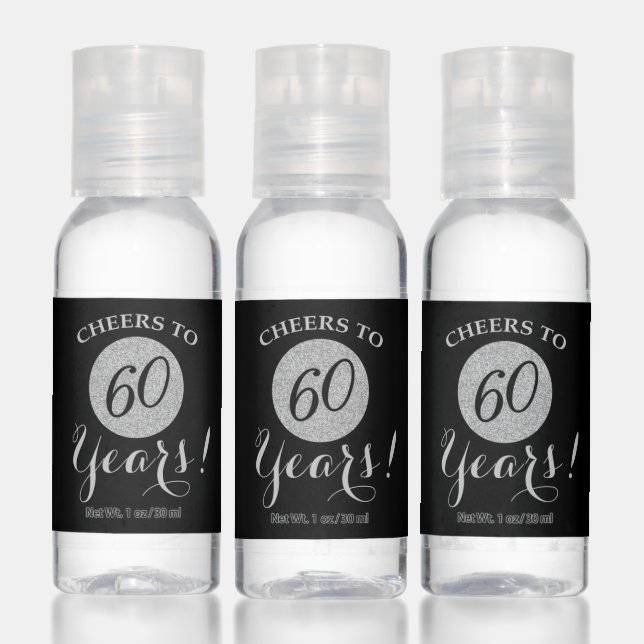 Cheers to 60 Years Black and Silver Glitter Hand Sanitizer (Set)