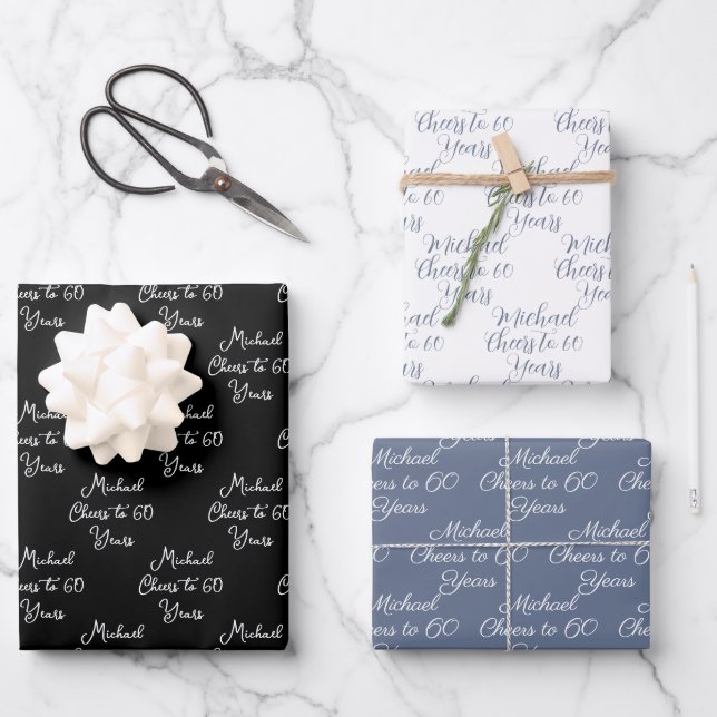 Cheers to 60 Years Black and White 60th Birthday Wrapping Paper Sheets (Front)