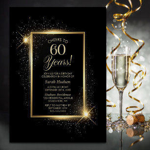 Cheers to 60 Years Black Gold Birthday Party Invitation