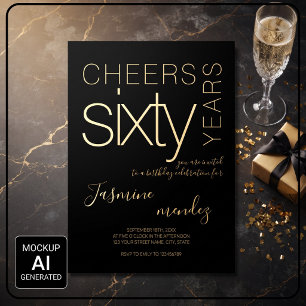 Cheers to 60 years Black Gold Elegant Birthday Foil Invitation