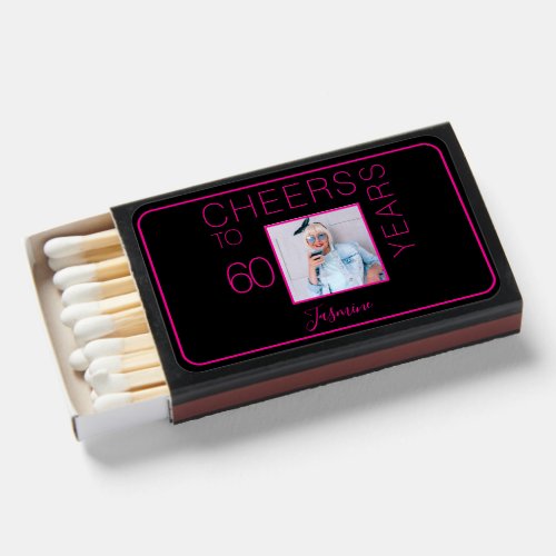 Cheers to 60 years Black Pink Photo Elegant Matchboxes