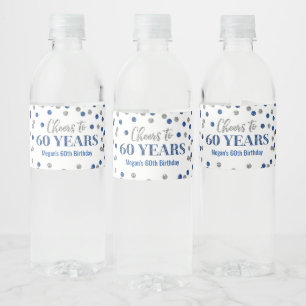 Cheers to 60 Years Blue Silver Confetti Birthday Water Bottle Label