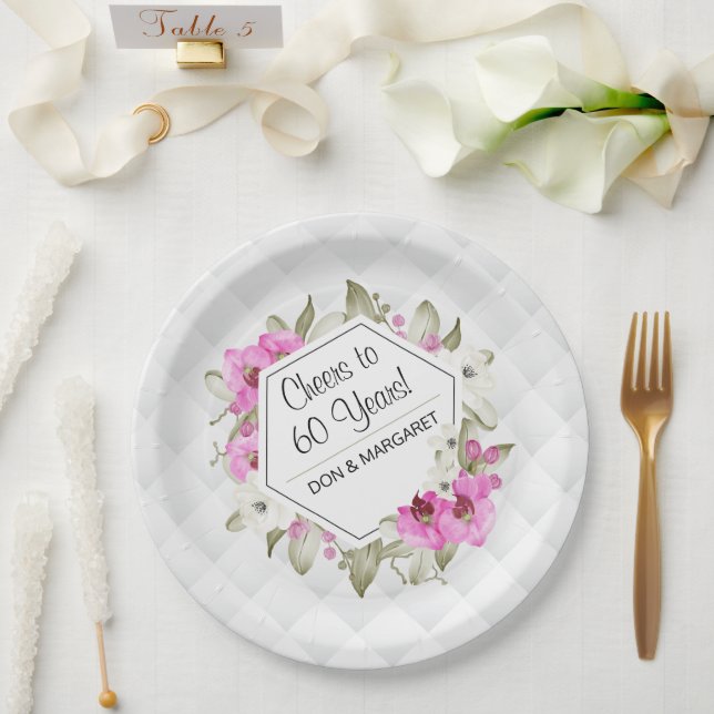 Cheers to 60 Years Diamond Geometric Pink Custom Paper Plates (Wedding)
