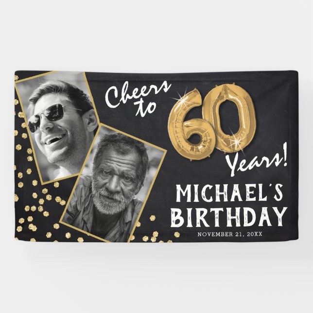 Cheers to 60 Years Gold Balloon 2 Photo Birthday Banner (Horizontal)