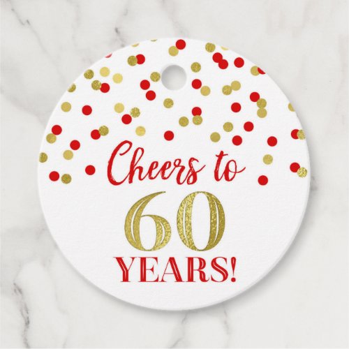 Cheers to 60 Years Gold Red Confetti Favor Tags