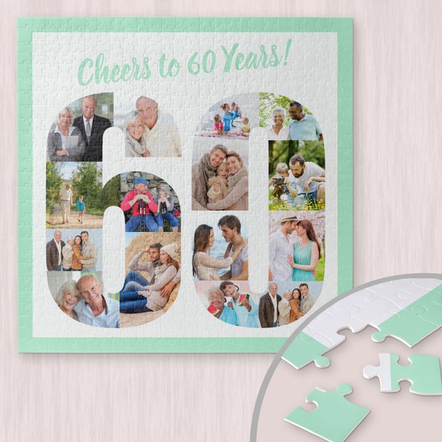 Cheers to 60 Years Number 60 Photo Collage Square Jigsaw Puzzle (Creator Uploaded)