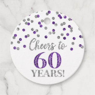 Cheers to 60 Years Purple Silver Confetti Favor Tags