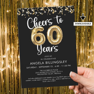 Cheers to 60 Years Script Balloon Confetti Invitation