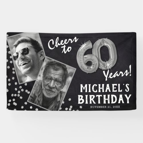 Cheers to 60 Years Silver Balloon 2 Photo Birthday Banner