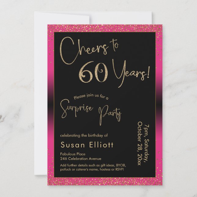 Cheers to 60 Years Surprise Birthday Party, Pink Invitation (Front)