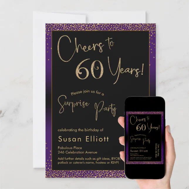 Cheers to 60 Years Surprise Birthday Party, Purple Invitation | Zazzle