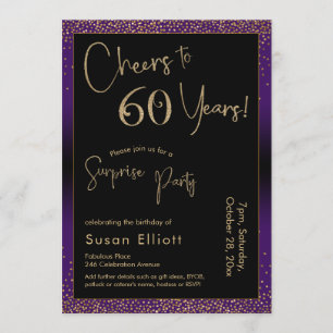 Cheers to 60 Years Surprise Birthday Party, Purple Invitation