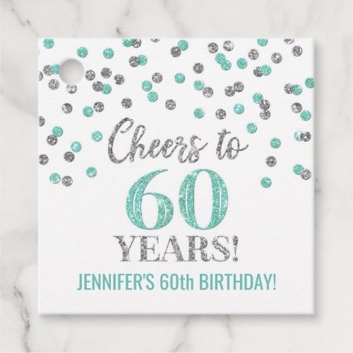 Cheers to 60 Years Turquoise Silver Confetti Favor Tags