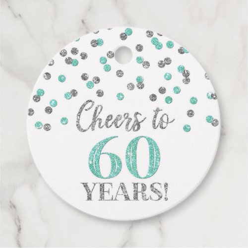 Cheers to 60 Years Turquoise Silver Confetti Favor Tags