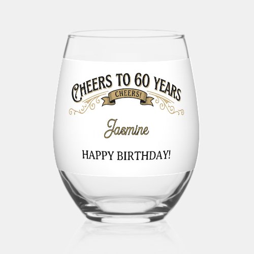 Cheers to 60 years  Vintage Elegant Birthday Stemless Wine Glass