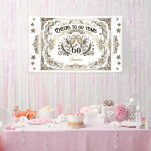 Cheers to 60 years Vintage Gold White Birthday Banner
