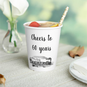 Cheers to 60 Years Vintage Steam Train Birthday Paper Cups