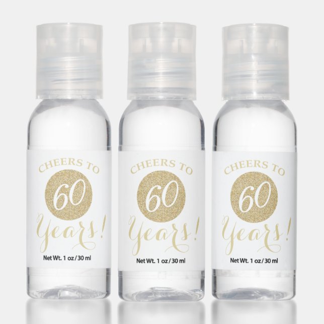 Cheers to 60 Years White and Gold Glitter Hand Sanitizer (Set)