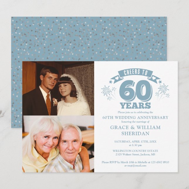Cheers To 60th Wedding Anniversary 2 Photo Invitation (Front/Back)