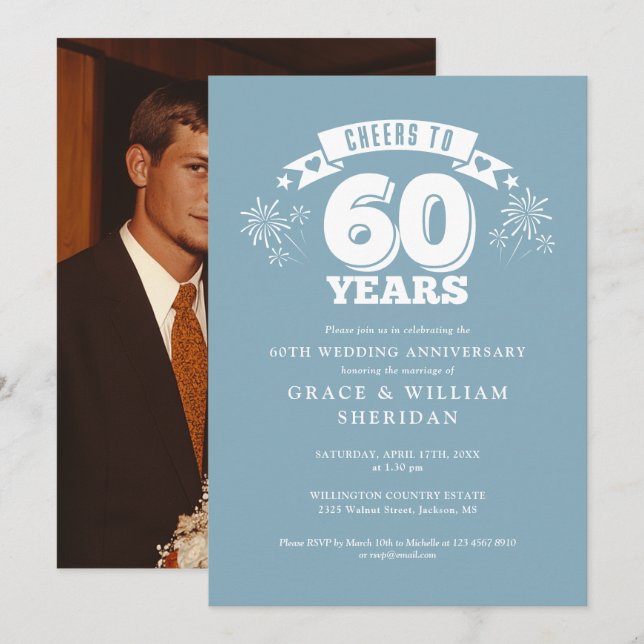 Cheers To 60th Wedding Anniversary Photo Invitation (Front/Back)