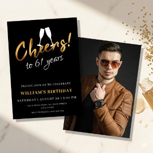 Cheers to 61 Years Gold Black Adult Birthday Photo Invitation