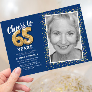 Cheers to 65 Years Navy Gold Photo Invitation