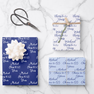 Cheers to 65 Years Navy Light Blue 65th Birthday Wrapping Paper Sheets
